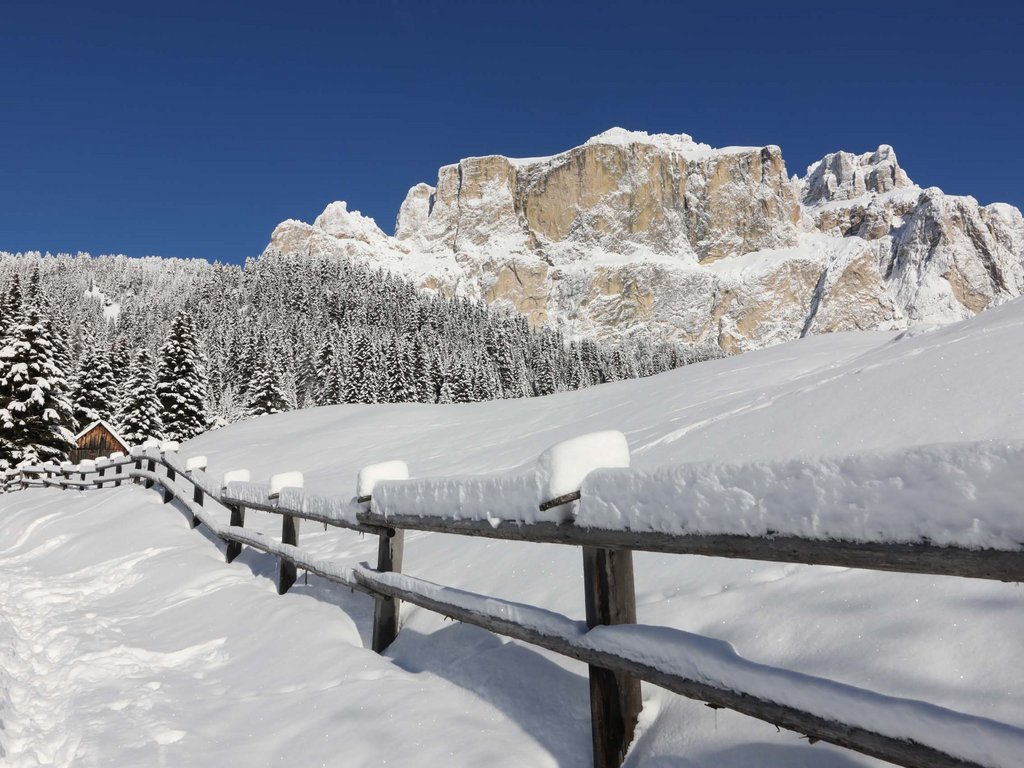 Hotel Latemar mit Dolomitenblick Verschneiter Pfad mit Zaun vor schneebedeckten Bergen