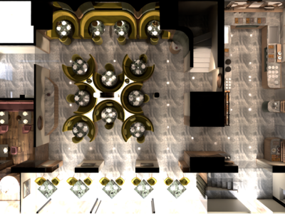 Hotel Latemar con vista sulle Dolomiti Pianta dall'alto di un ristorante moderno con tavoli e sedie disposte simmetricamente