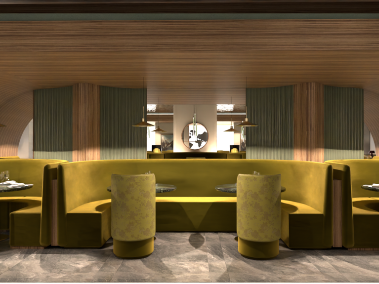 Ristorante a Soraga di Fassa: Mirage con #latermarview Interno di ristorante con sedute curve verdi e pareti in legno