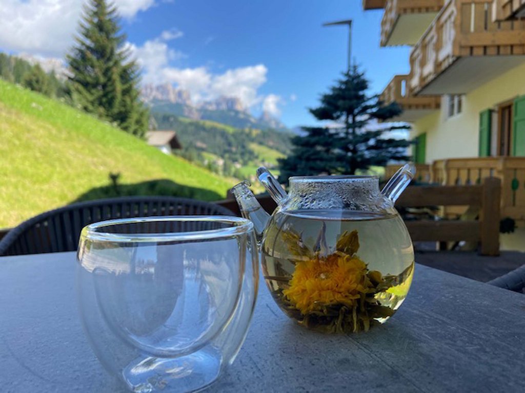 Soraga bei Südtirol im Trentino Kräutertee mit Blume in Glas Teekanne und leerem Glas im Freien