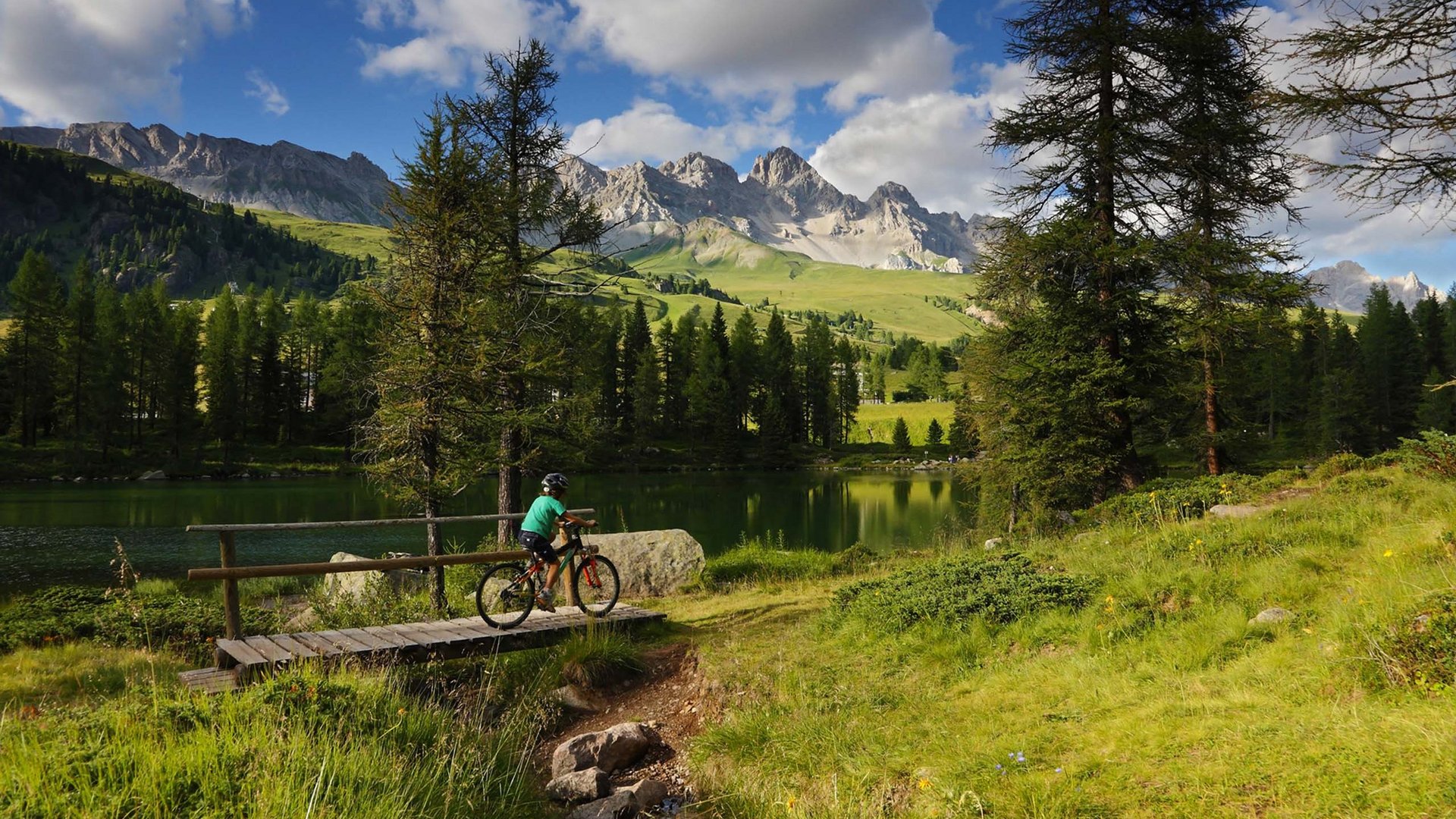 Noleggio bici a Soraga: un must in autunno all’Hotel Latemar Bambino in bicicletta su un piccolo ponte in un paesaggio montano verde