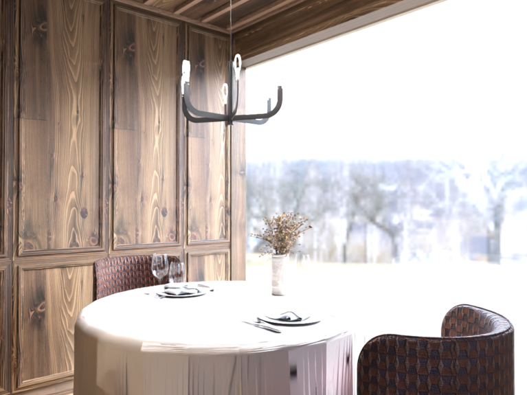 Ristorante a Soraga di Fassa: Mirage con #latermarview Sala da pranzo moderna in legno con tavolo rotondo e sedie comode