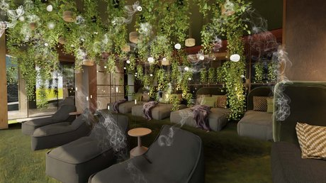 Meteo, Moena, Soraga, Latemar: tutto nella nostra gallery Sala relax con poltrone grigie verdi e piante appese al soffitto