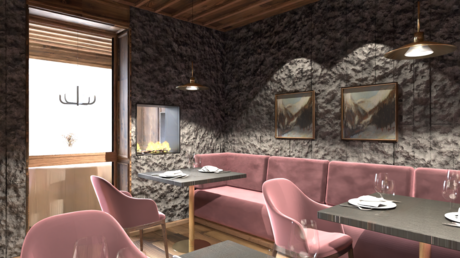 Hotel Latemar con vista sulle Dolomiti Sala da pranzo elegante con sedie rosa e pareti grigie testurizzate