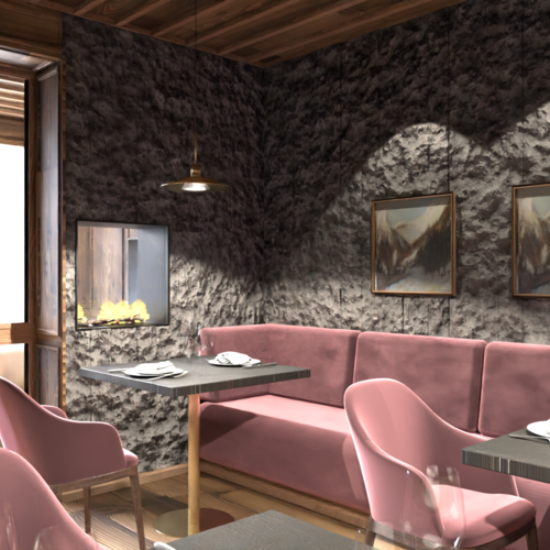 Ristorante a Soraga di Fassa: Mirage con #latermarview Sala da pranzo elegante con sedie rosa e pareti grigie testurizzate