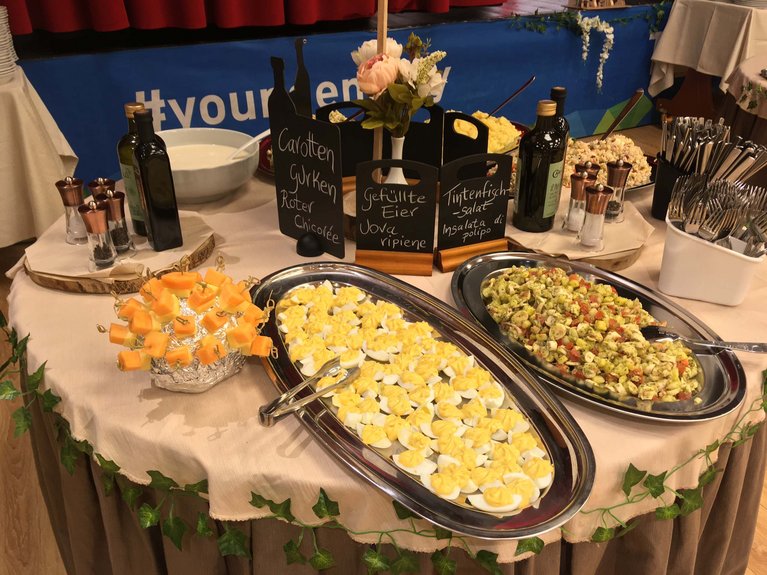 On the webcam Latemar is lovely, in real life it’s a dream! Buffet with deviled eggs, octopus salad, carrots, and cucumbers.