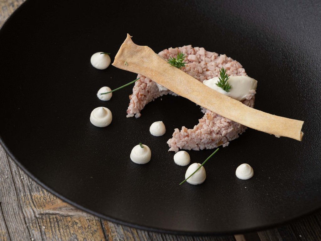 Per buongustai: l’hotel ideale vicino a Moena Piatto elegante con tartare, crema bianca e croccante su piatto nero