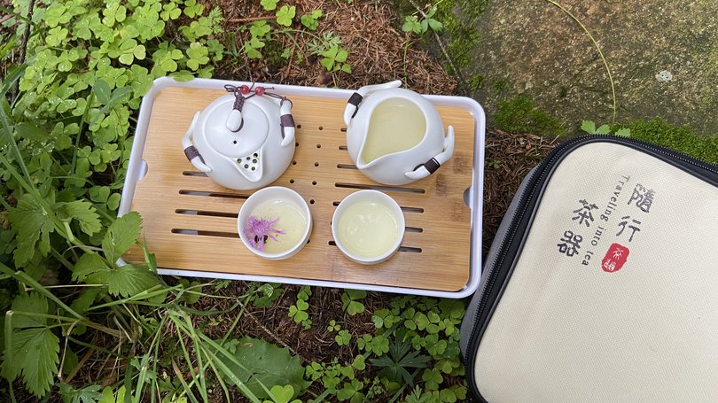 Val di Fassa: wandern, biken, erleben Tragbares Teeset mit Teekanne, Tassen auf Holztablett in der Natur