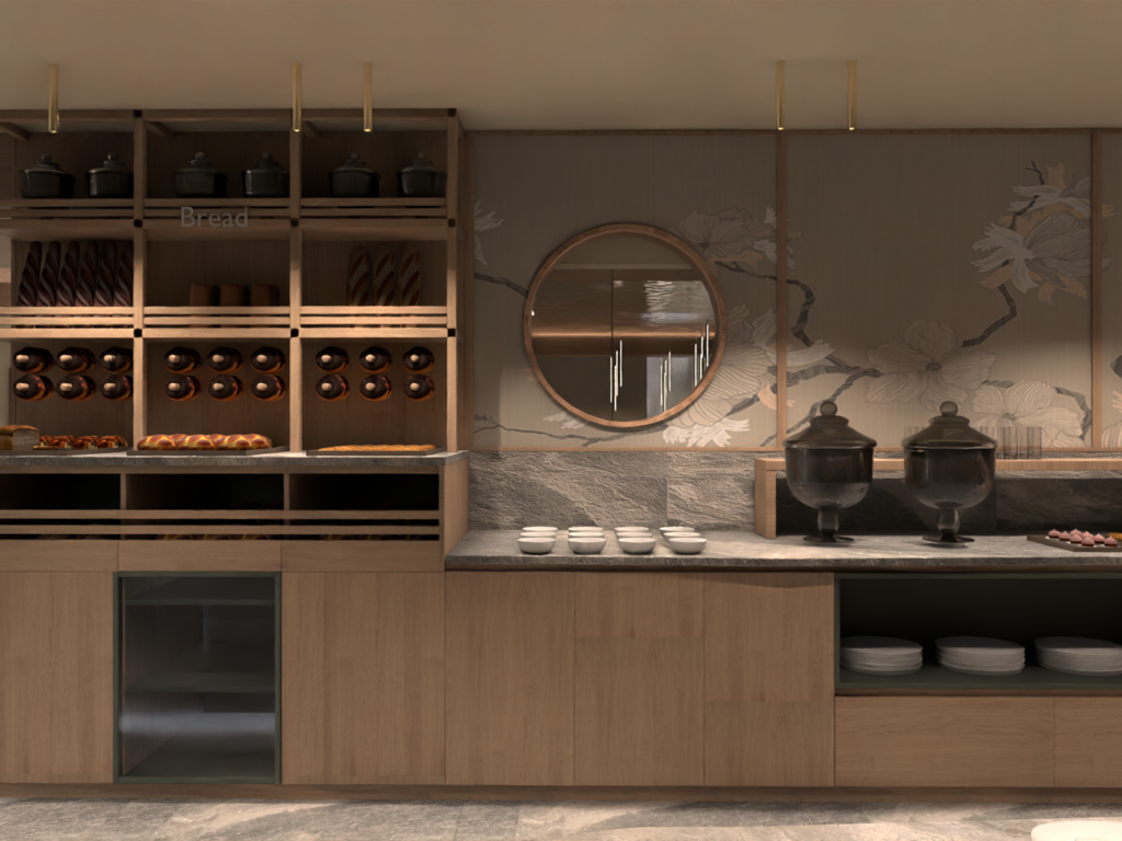 Ristorante a Soraga di Fassa: Mirage con #latermarview Bancone con esposizione pane, piatti e dispenser in un locale moderno decorato.