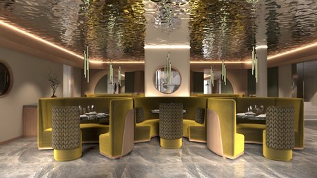 Meteo, Moena, Soraga, Latemar: tutto nella nostra gallery Area pranzo moderna con sedute verdi a forma di mezzaluna e soffitto riflettente