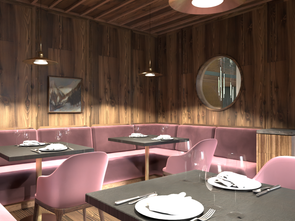A Soraga il meteo è sempre ottimo per un Day Spa! Interno di un ristorante con pareti in legno e sedie rosa