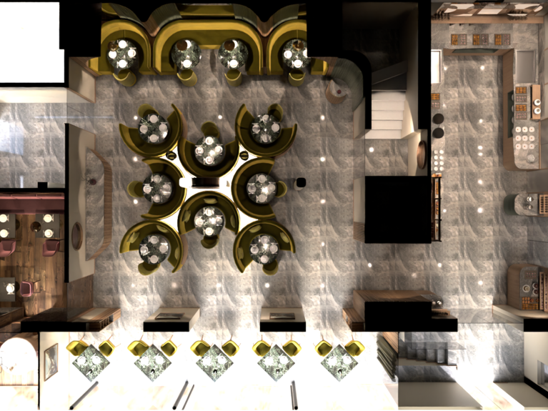 Ristorante a Soraga di Fassa: Mirage con #latermarview Pianta dall'alto di un ristorante moderno con tavoli e sedie disposte simmetricamente