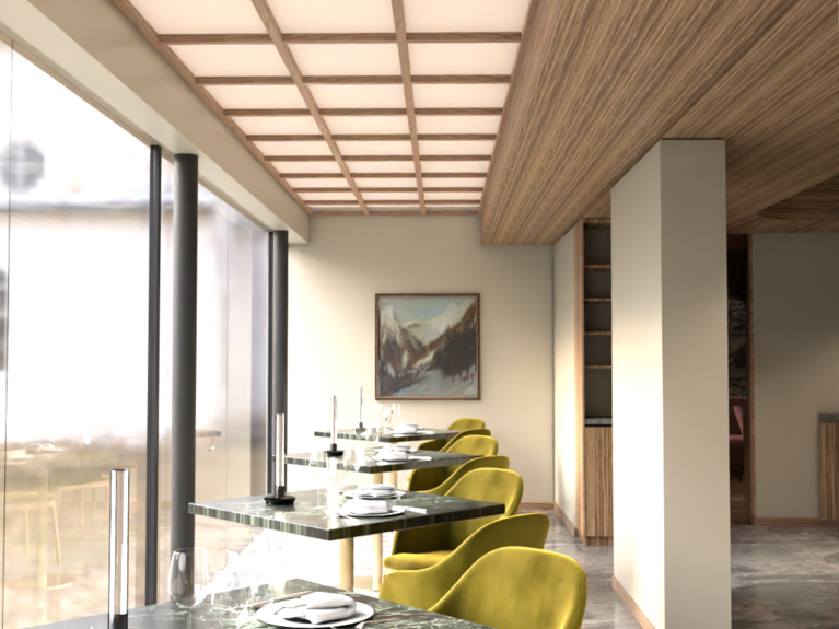 Ristorante a Soraga di Fassa: Mirage con #latermarview Interno di un ristorante moderno con tavoli in marmo e sedie gialle