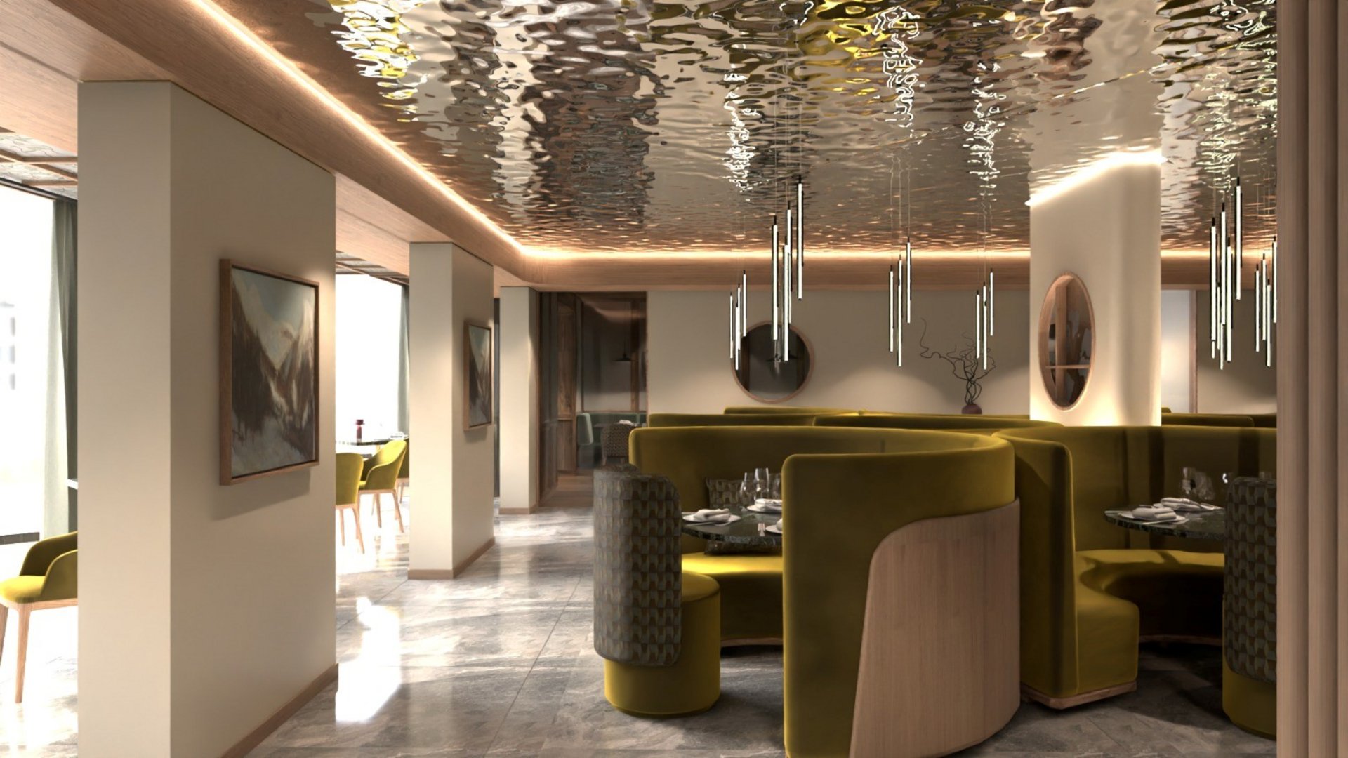 Restaurant Mirage mit Dolomiten-Blick im Fassatal Elegantes Restaurant mit grünen Sitzbänken und spiegelnder Decke