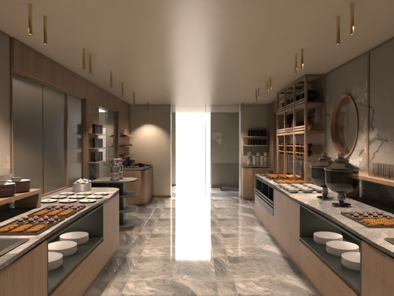 Hotel Latemar con vista sulle Dolomiti Buffet moderno con dolci e stoviglie in sala elegante