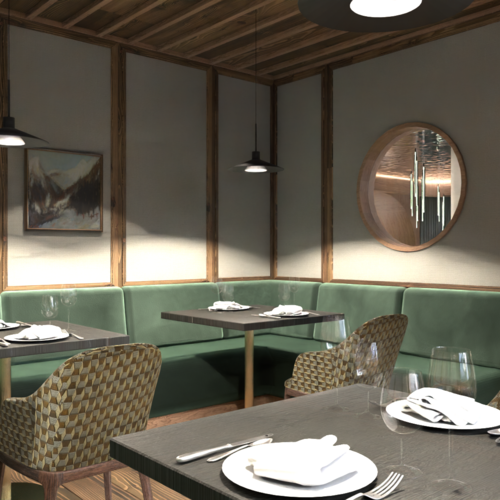 Restaurant Mirage mit Dolomiten-Blick im Fassatal Innenansicht eines Restaurants mit grüner Eckbank und gedeckten Tischen
