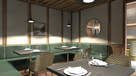 Meteo, Moena, Soraga, Latemar: tutto nella nostra gallery Interno di un ristorante con sedute verdi angolari e tavoli apparecchiati