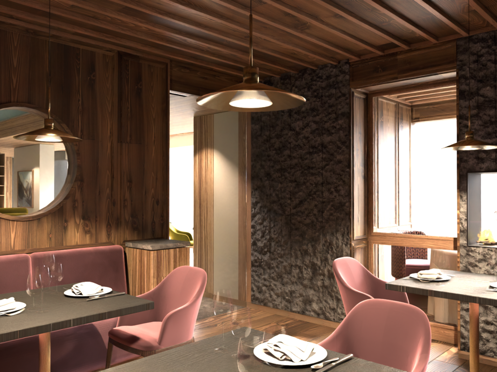 A Soraga il meteo è sempre ottimo per un Day Spa! Interno di ristorante elegante con sedie rosa e pareti in legno