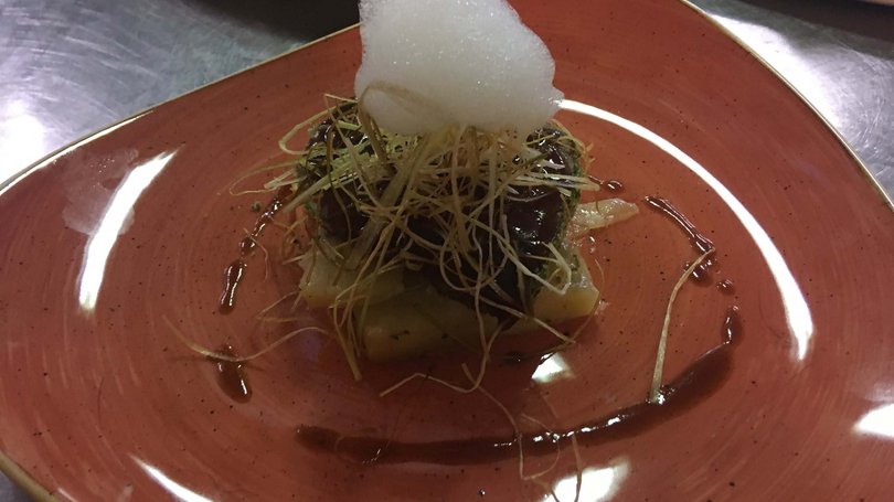 Moena, alberghi da sogno, panorama? C’è l’Hotel Latemar! Piatto gourmet con carne, patate, frittura sottile e schiuma bianca