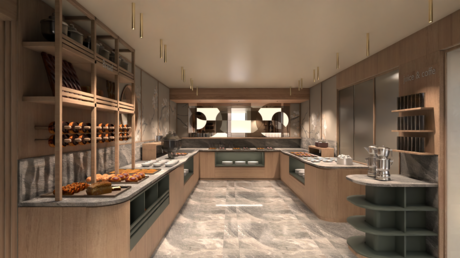 Hotel Latemar con vista sulle Dolomiti Buffet elegante con dolci, pane e caffè in una sala moderna