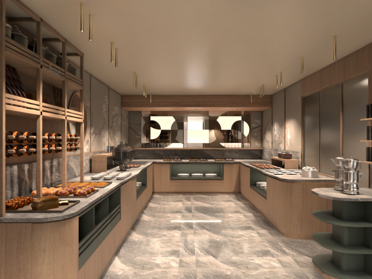 Hotel Latemar con vista sulle Dolomiti Buffet elegante con dolci, pane e caffè in una sala moderna