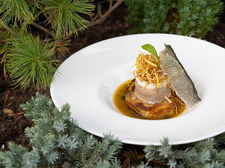 Restaurant Mirage mit Dolomiten-Blick im Fassatal Gourmetgericht mit Fischfilet, knuspriger Kruste, Kartoffeln und Soße