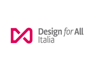 Barrierefreies Hotel im Val di Fassa: das Latemar Design for All Italia Logo mit rotem Symbol und grauem Text