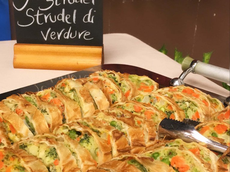 On the webcam Latemar is lovely, in real life it’s a dream! Sliced vegetable strudel on a tray